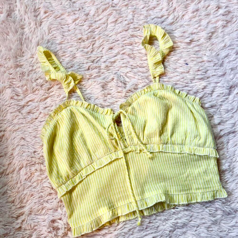 Moon Orchid Yellow Bright Ruffle Y2K Tie Front Feminine‎ Coquette Cute Crop Top